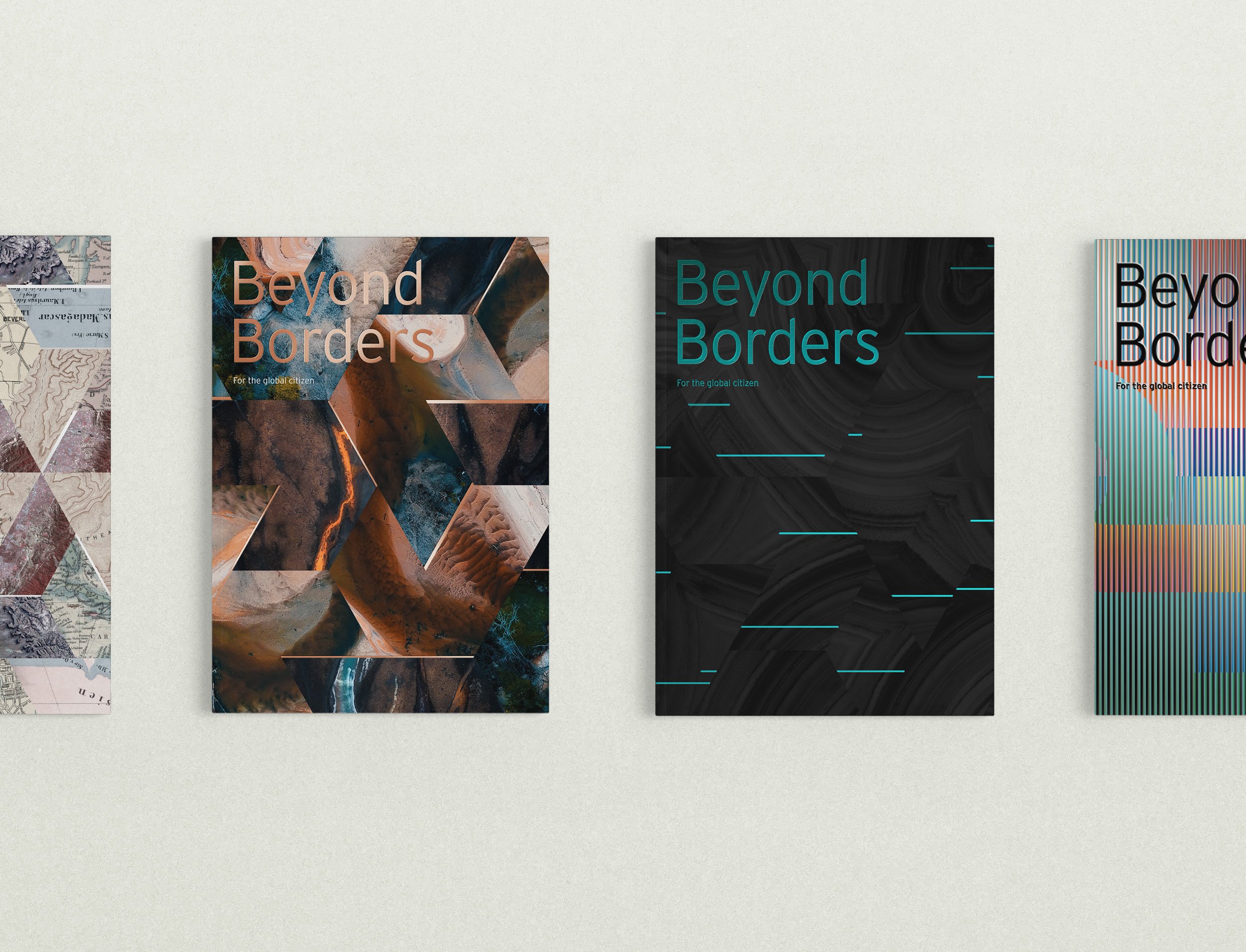 Four Beyond Borders cover variants displayed in a row, showing the evolution of the series' visual approach
