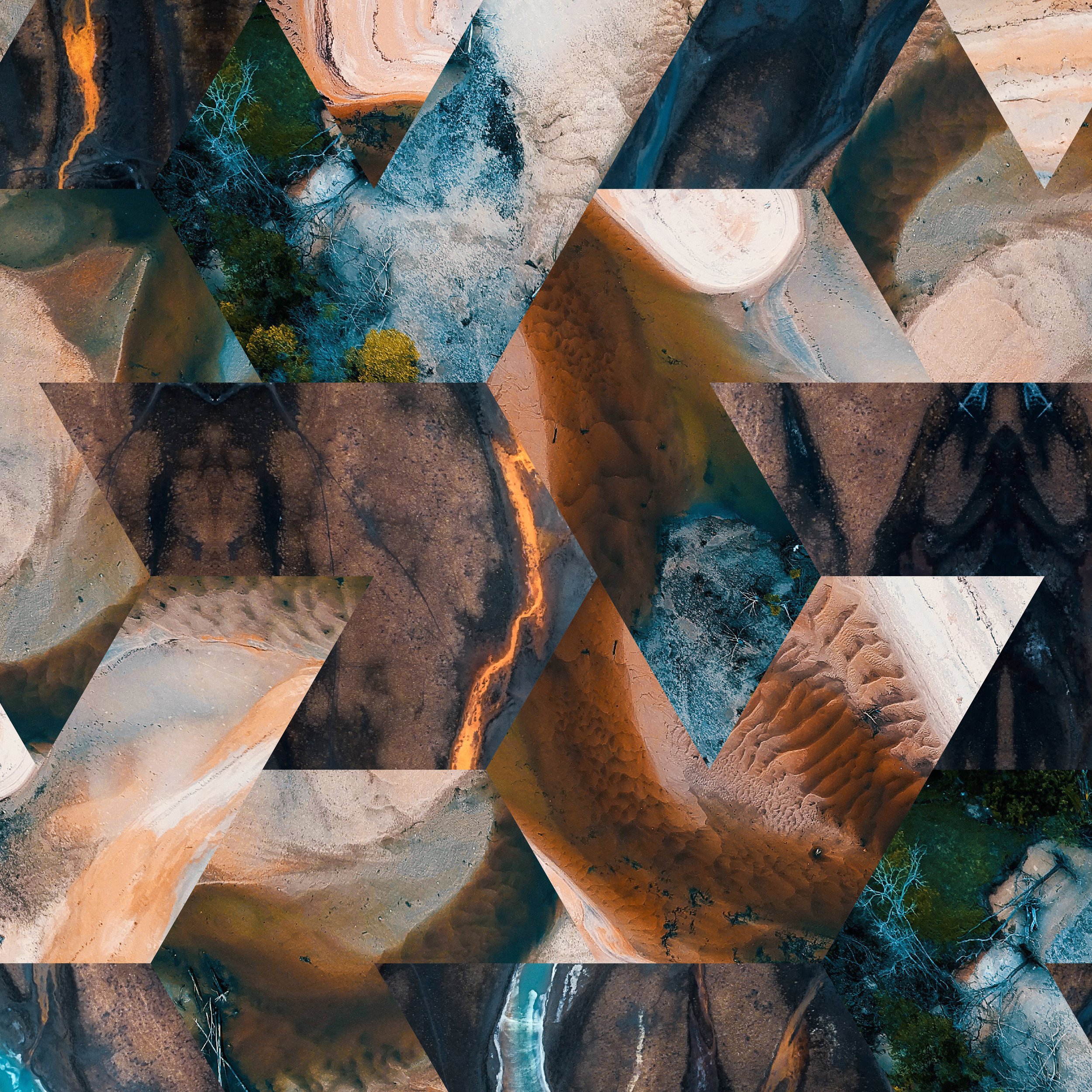 Beyond Borders cover: full-bleed triangular collage of aerial terrain in orange, blue and earth tones