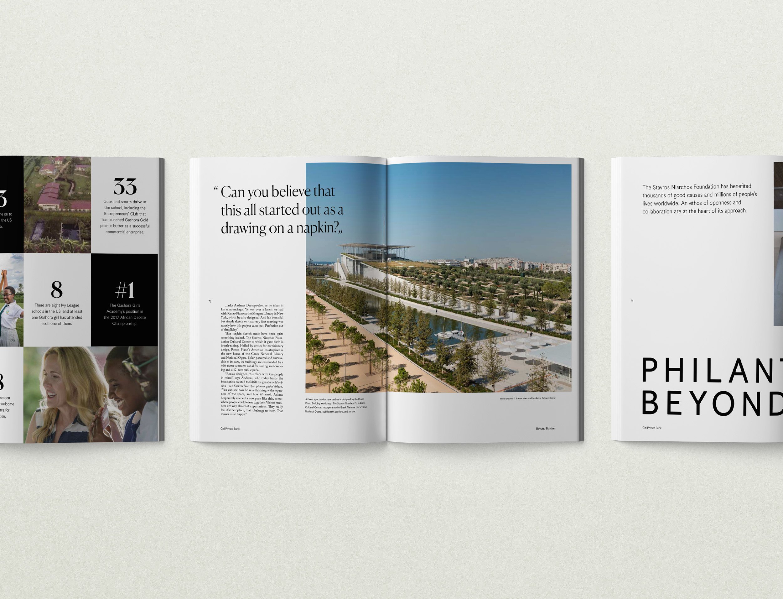 Beyond Borders editorial spread with full-bleed portrait and pull quote