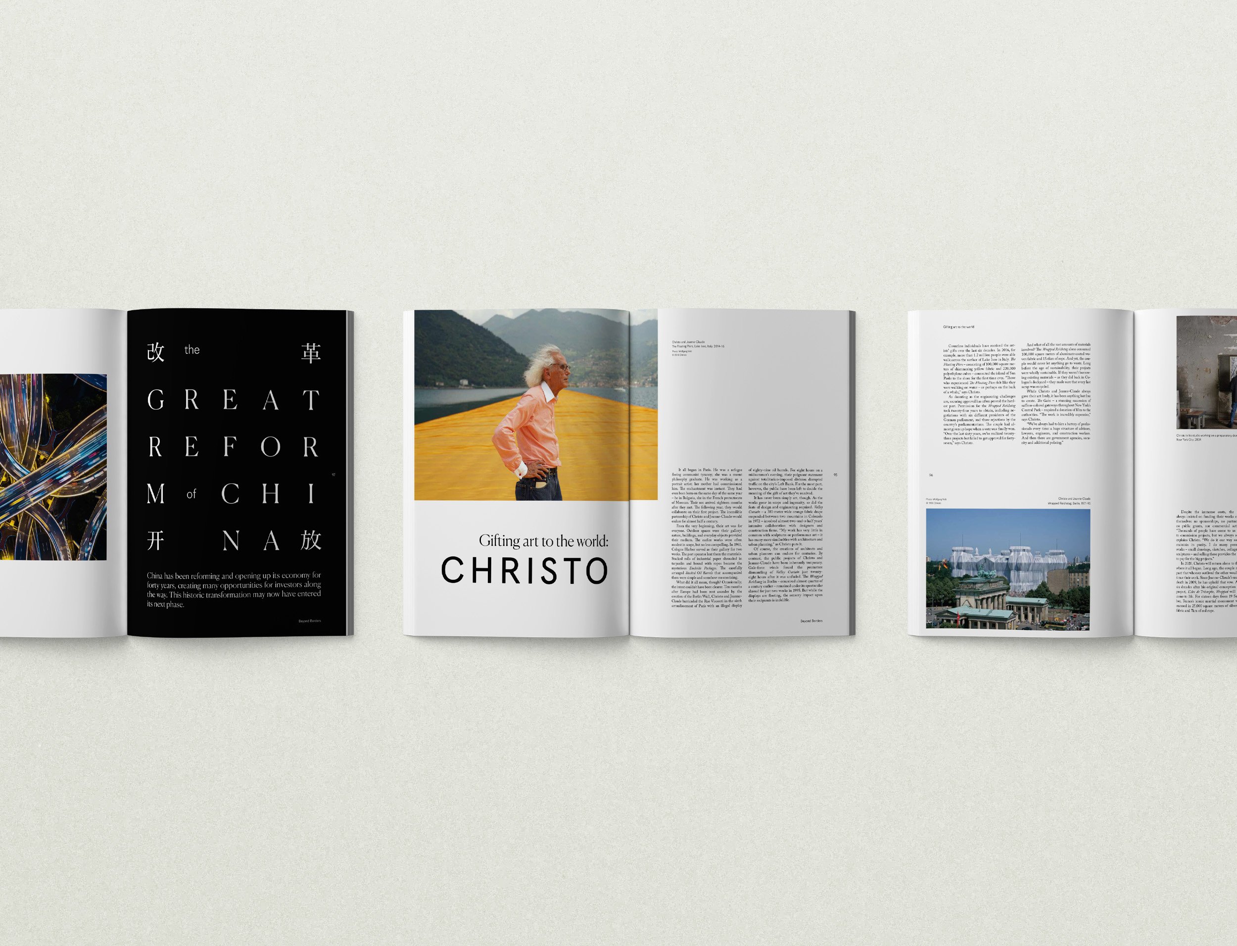 Spread with vibrant editorial photography and serif body type