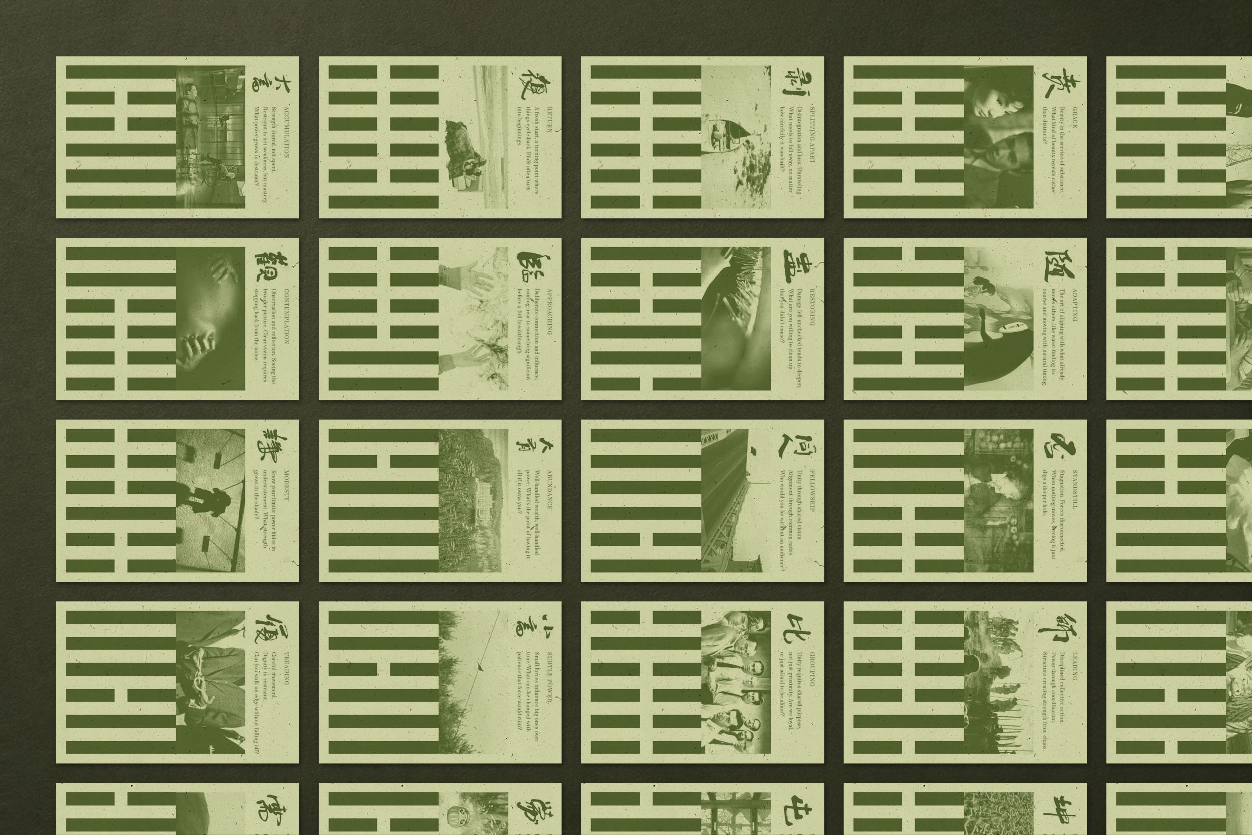 A grid of many Mail I Ching postcard fronts laid out on a dark green surface, showing the project at scale: each card carries a hexagram, a Chinese character, a one-word principle, a short interpretation and a film still.