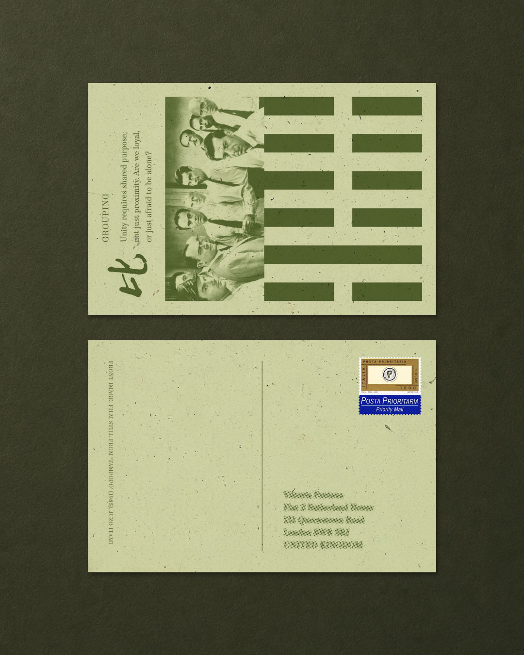 Four Mail I Ching postcards in a 2×2 grid showing the system at work
