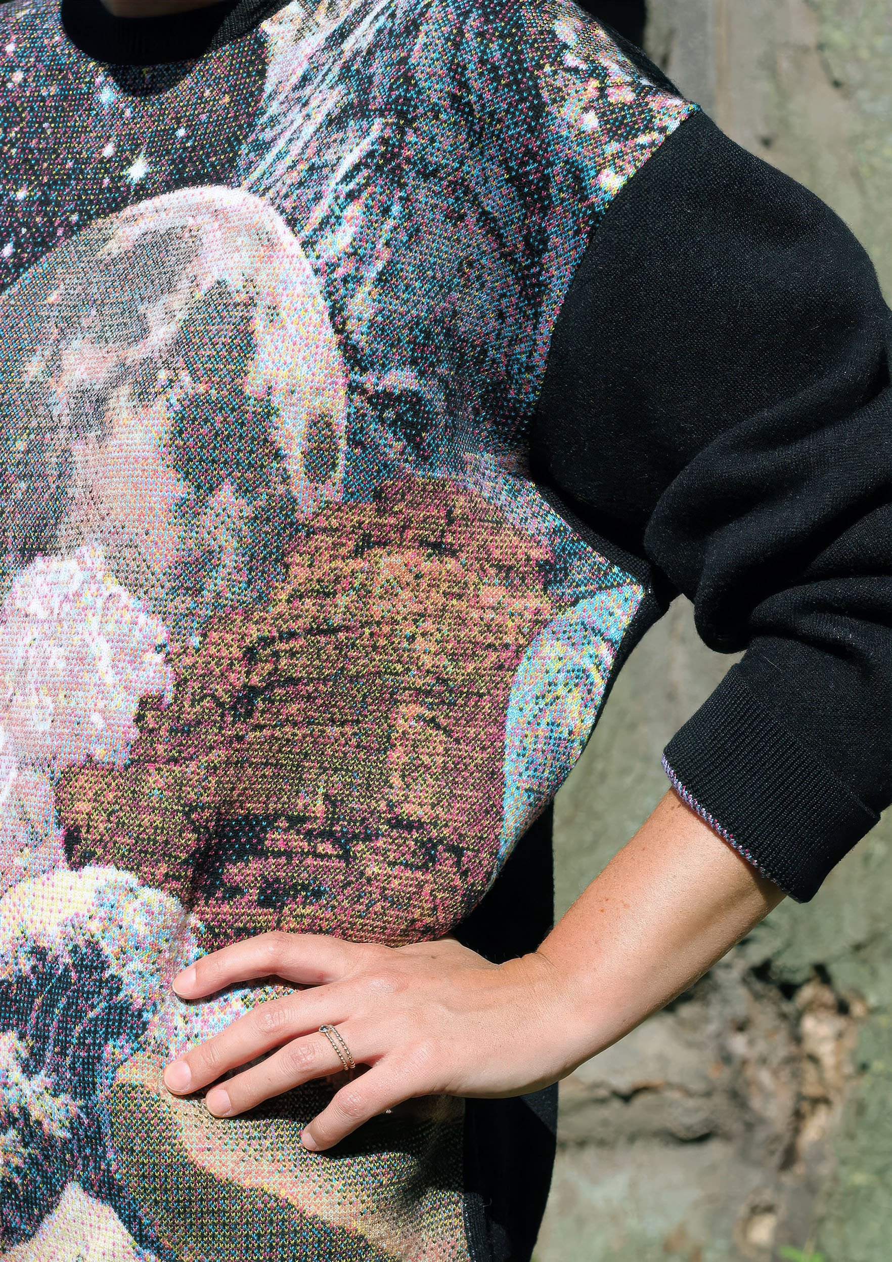 Macro of Pento knit stitches showing pixelated colour mix
