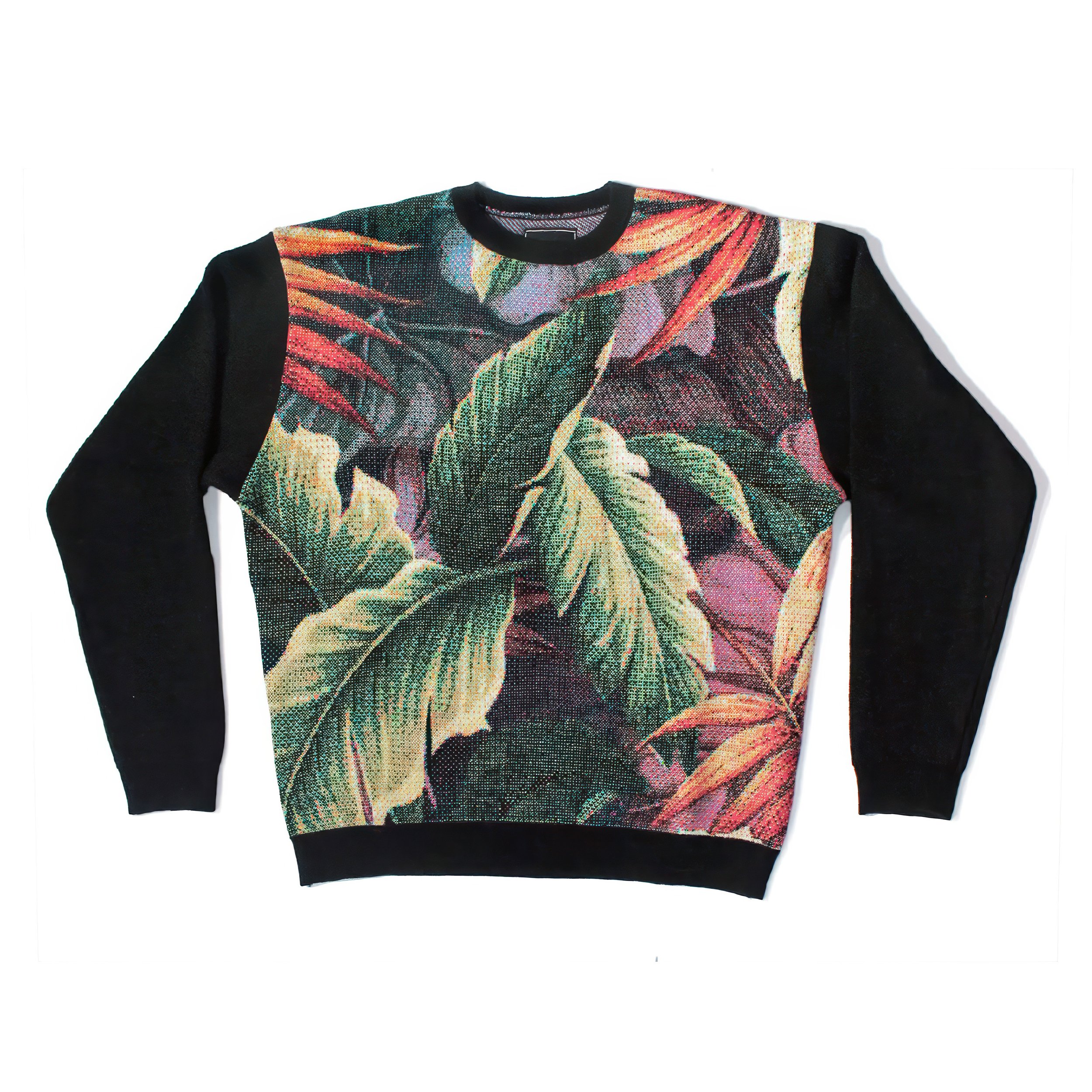 Pento jumper in the Vegetal pattern — tropical leaves and red ferns in green, pink and ochre, knitted across the front panel